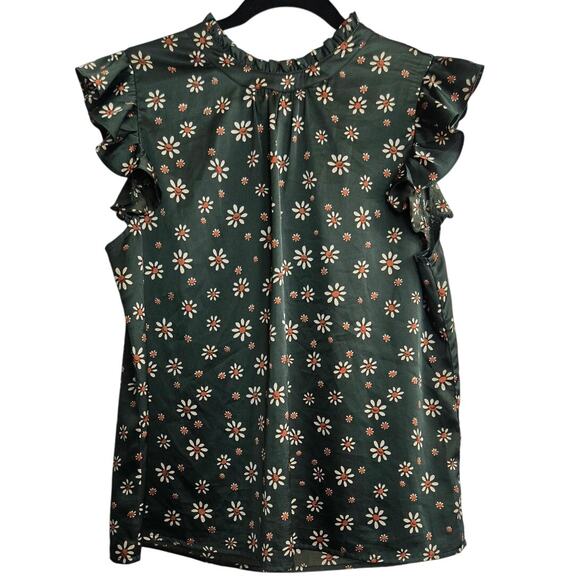 THML Blouse XL Dark Green Multicolor Print Sleeveless Flutter Top Missing Button - Picture 1 of 7